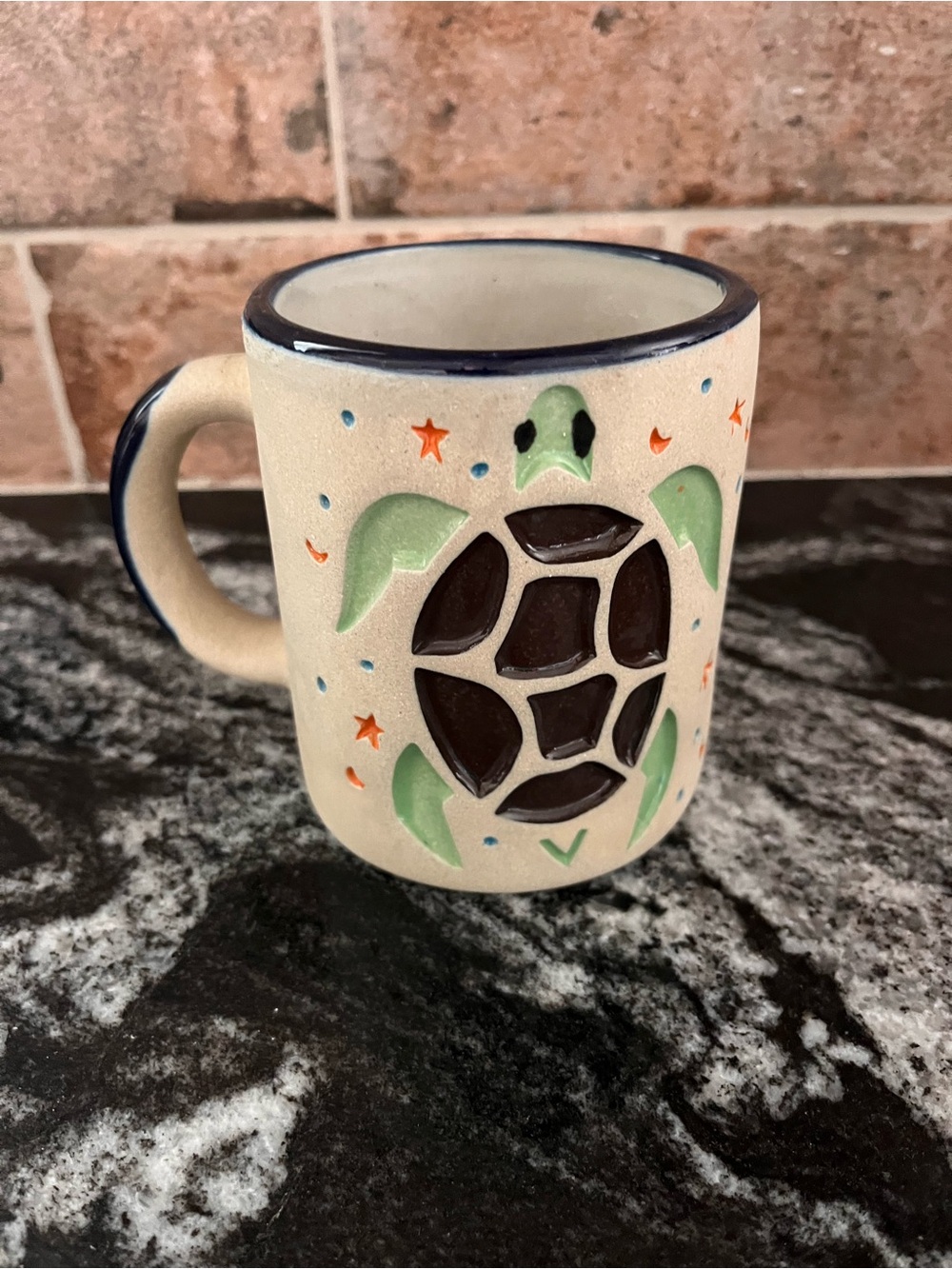 Handpainted Turtle Ceramic Mug in Cream and Green